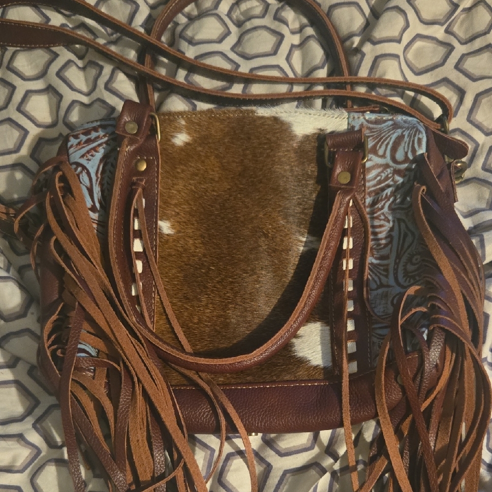 Brown and White Fringe Leather Handbag